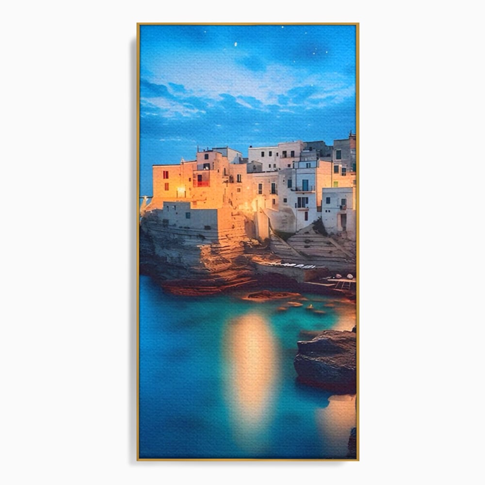 Tablou canvas cu tablou canvas cu peisaj costier nocturn, in rama de aluminiu auriu